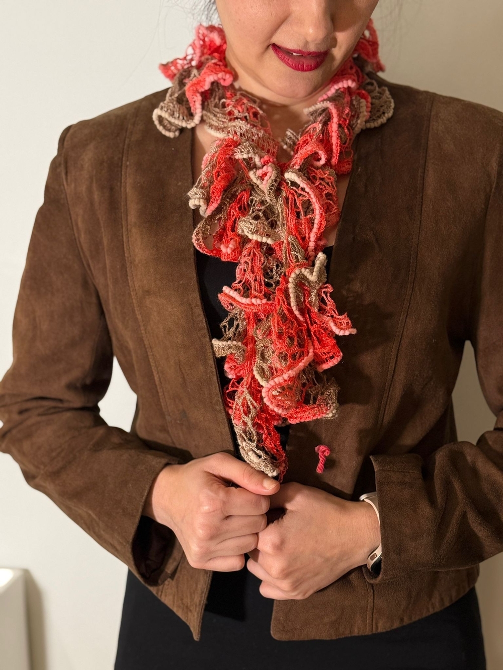 Handmade Halloween Ruffle Knit Scarf in Coral and Beige -